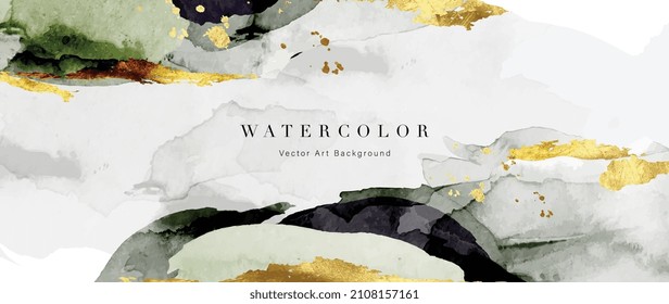 Watercolor art background vector. Wallpaper design with paint brush and gold line art. Earth tone blue, pink, ivory, beige watercolor Illustration for prints, wall art, cover and invitation cards.