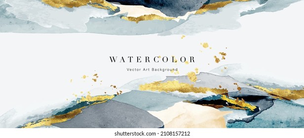 Watercolor art background vector. Wallpaper design with paint brush and gold line art. Earth tone blue, pink, ivory, beige watercolor Illustration for prints, wall art, cover and invitation cards.