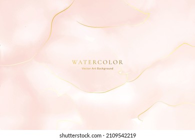 Watercolor art background vector. Wallpaper design with paint brush and gold line art. Earth tone pink, ivory, beige watercolor Illustration for prints, wall art, cover and invitation cards