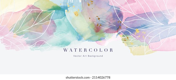 Watercolor art background vector. Wallpaper design with paint brush and floral line drawing. Luxury gold, beige watercolor Illustration for prints, wall art, cover and invitation cards.