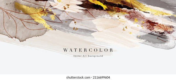 Vector de fondo de arte acuarela. Diseño de papel tapiz con pincel de pintura y dibujo de líneas florales. Dorado de lujo, acuarela beige Ilustración para impresiones, arte mural, cubierta y tarjetas de invitación.