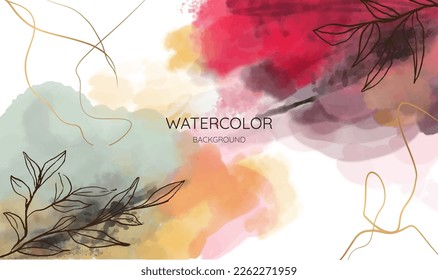 Watercolor art background vector. Wallpaper design with paint brush and gold line art. Earth tone blue, pink, ivory, beige watercolor Illustration for prints, wall art, cover and invitation cards.