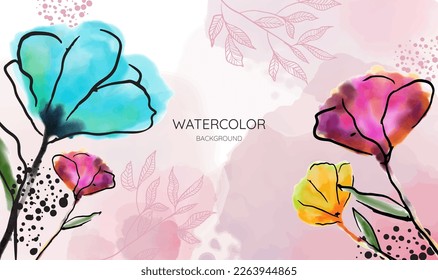 Watercolor art background vector. Wallpaper design with paint brush and gold line art. Earth tone blue, pink, ivory, beige watercolor Illustration for prints, wall art, cover and invitation cards.