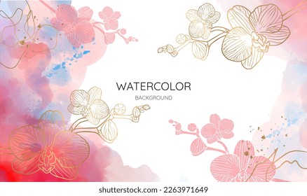 Watercolor art background vector. Wallpaper design with paint brush and gold line art. Earth tone blue, pink, ivory, beige watercolor Illustration for prints, wall art, cover and invitation cards.