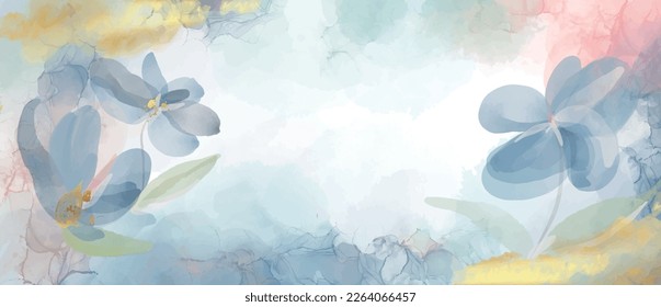 Watercolor art background vector. Wallpaper design with paint brush and gold art. Earth tone blue, pink, ivory, beige watercolor Illustration for prints, wall art, cover and invitation cards.