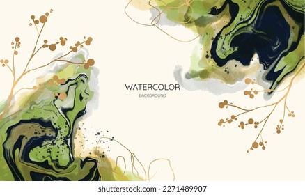Watercolor art background vector. Wallpaper design with paint brush and gold line art. Earth tone blue, pink, ivory, beige watercolor Illustration for prints, wall art, cover and invitation cards.