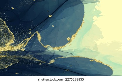 Vector de fondo de arte acuarela. Diseño de fondo de escritorio con pincel de pintura y arte de línea dorada. Color de la tierra azul, rosa, marfil, color de agua beige Ilustración para impresiones, arte de pared, cubierta y tarjetas de invitación.
