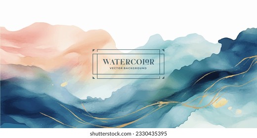 Watercolor art background vector. Wallpaper design with paint brush and gold line art. Earth tone blue, pink, ivory, beige watercolor Illustration for prints, wall art, cover and invitation cards.