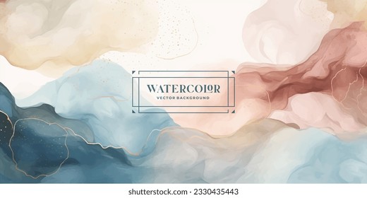 Watercolor art background vector. Wallpaper design with paint brush and gold line art. Earth tone blue, pink, ivory, beige watercolor Illustration for prints, wall art, cover and invitation cards.