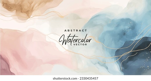 Watercolor art background vector. Wallpaper design with paint brush and gold line art. Earth tone blue, pink, ivory, beige watercolor Illustration for prints, wall art, cover and invitation cards.