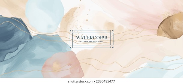 Watercolor art background vector. Wallpaper design with paint brush and gold line art. Earth tone blue, pink, ivory, beige watercolor Illustration for prints, wall art, cover and invitation cards.