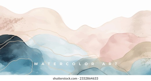 Vector de fondo de arte acuarela. Diseño de fondo de escritorio con pincel de pintura y arte de línea dorada. Color de la tierra azul, rosa, marfil, color de agua beige Ilustración para impresiones, arte de pared, cubierta y tarjetas de invitación.
