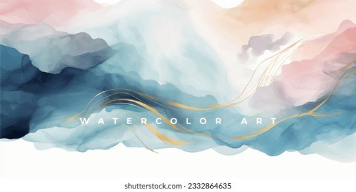 Watercolor art background vector. Wallpaper design with paint brush and gold line art. Earth tone blue, pink, ivory, beige watercolor Illustration for prints, wall art, cover and invitation cards.
