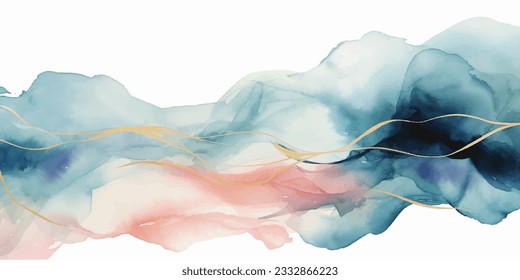 Watercolor art background vector. Wallpaper design with paint brush and gold line art. Earth tone blue, pink, ivory, beige watercolor Illustration for prints, wall art, cover and invitation cards.