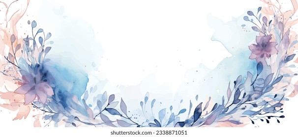 Watercolor art background vector. Wallpaper design with winter flower paint brush line art. Earth tone blue, pink, ivory, beige watercolor Illustration for prints, wall art, cover and invitation.