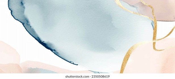 Vector de fondo de arte acuarela. Diseño de fondo de escritorio con pincel de pintura y arte de línea dorada. Color de la tierra azul, rosa, marfil, color de agua beige Ilustración para impresiones, arte de pared, cubierta y tarjetas de invitación.