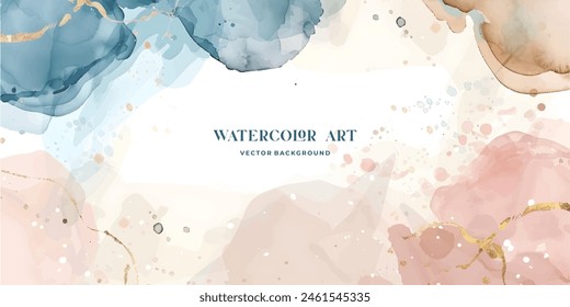 Watercolor art background vector. Wallpaper design with paint brush and gold line art. Earth tone blue, pink, ivory, beige watercolor Illustration for prints, wall art, cover and invitation cards.