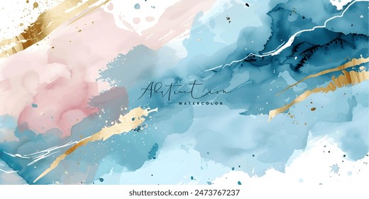 Watercolor art background vector. Wallpaper design with paint brush and gold line art. Earth tone blue, pink, ivory, beige watercolor Illustration for prints, wall art, cover and invitation cards.