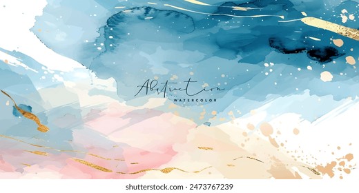 Vector de fondo de arte acuarela. Diseño de Fondo de pantalla con pincel de pintura y arte de línea dorada. Ilustración de acuarela azul, rosa, marfil, beige para estampados, arte de pared, portada y tarjetas de invitación.