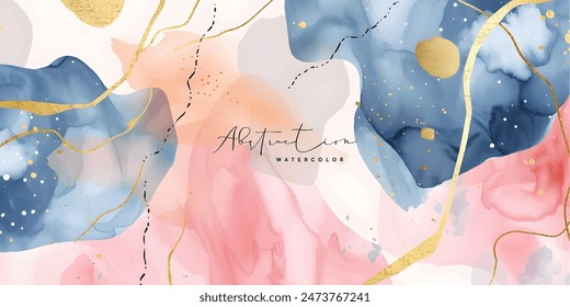 Watercolor art background vector. Wallpaper design with paint brush and gold line art. Earth tone blue, pink, ivory, beige watercolor Illustration for prints, wall art, cover and invitation cards.