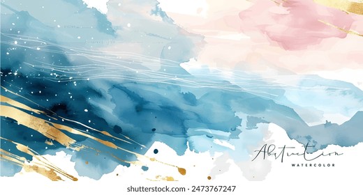 Watercolor art background vector. Wallpaper design with paint brush and gold line art. Earth tone blue, pink, ivory, beige watercolor Illustration for prints, wall art, cover and invitation cards.