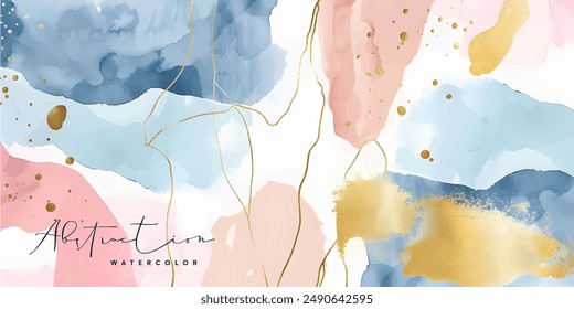 Watercolor art background vector. Wallpaper design with paint brush and gold line art. Earth tone blue, pink, ivory, beige watercolor Illustration for prints, wall art, cover and invitation cards.