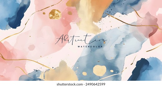 Vector de fondo de arte acuarela. Diseño de Fondo de pantalla con pincel de pintura y arte de línea dorada. Ilustración de acuarela azul, rosa, marfil, beige para estampados, arte de pared, portada y tarjetas de invitación.