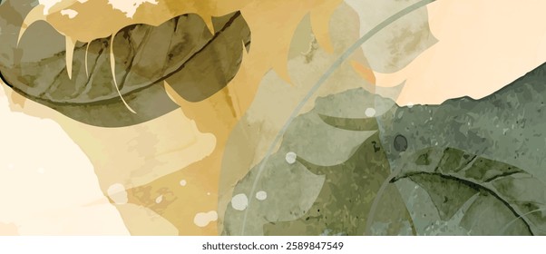 Watercolor art background vector. Wallpaper design with paint brush Earth tone watercolor, gold line and gold foil texture. Illustration for prints, wall art, cover and invitation cards.