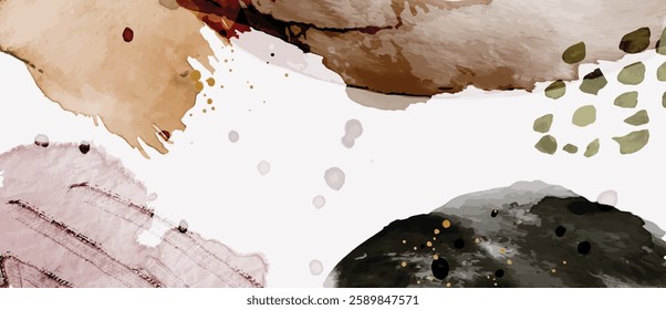 Watercolor art background vector. Wallpaper design with paint brush Earth tone watercolor, gold line and gold foil texture. Illustration for prints, wall art, cover and invitation cards.
