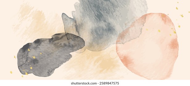 Watercolor art background vector. Wallpaper design with paint brush Earth tone watercolor, gold line and gold foil texture. Illustration for prints, wall art, cover and invitation cards.