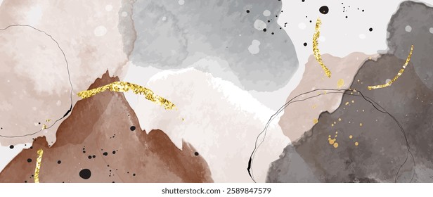 Watercolor art background vector. Wallpaper design with paint brush Earth tone watercolor, gold line and gold foil texture. Illustration for prints, wall art, cover and invitation cards.