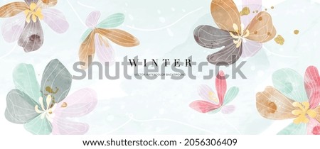 Watercolor art background vector. Wallpaper design with winter flower paint brush line art. Earth tone blue, pink, ivory, beige watercolor Illustration for prints, wall art, cover and invitation.