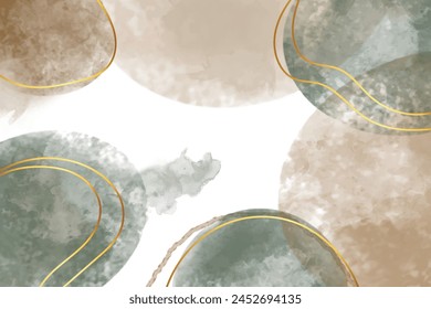 Watercolor art background wallpaper design with paint brush and gold line art