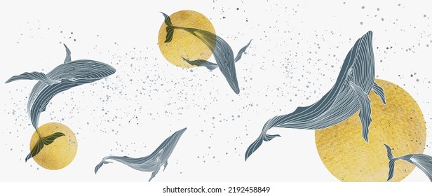 Watercolor art background with whales in line style on the background of the sun. Abstract hand drawn banner for wallpaper design, decor, print, interior design, packaging.