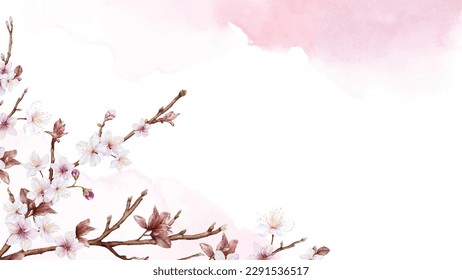 Watercolor art of Cherry blossom branch and pink sakura flower on stains background. Suitable for decorative banners, invitations, posters, or cards.