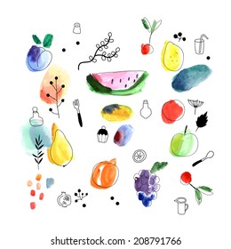 Watercolor art. Fruits, berries. Isolated on a white background. Vector.