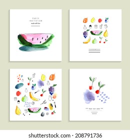 Watercolor art. Fruits, berries. Set of four creative cards. Isolated on a white background. Vector.