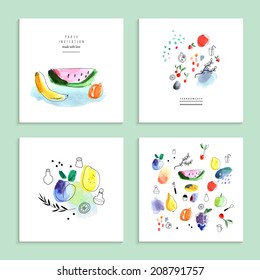 Watercolor art. Fruits, berries. Set of four creative cards. Isolated on a white background. Vector.