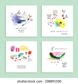 Watercolor art. Fruits, berries. Set of four creative cards. Isolated on a white background. Vector.