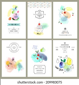 Watercolor art. Fruits, berries, sweets. Set of six creative cards. Isolated on a white background. Vector.