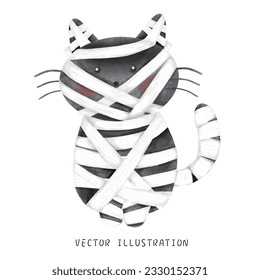  Watercolor art of a happy cat in a spooky mummy dress up for a festive holiday celebration