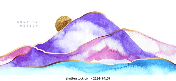 Watercolor art landscape with colorful mountains and golden sun. Abstract background for card, wall print, cover.