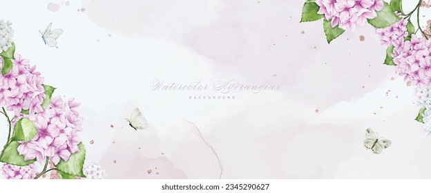 Watercolor art with pink hydrangea flowers, decorated with glitter, butterflies, and stains for horizontal background. Vector background perfect for banner, header, web cover, or wall decoration.