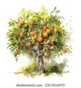 watercolor art print of Fruit tree isolated