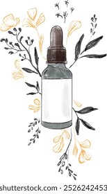 Watercolor art of serum bottle with flower and leaves 