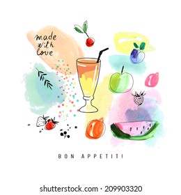 Watercolor art. Smoothie with berries and fruits.  Isolated on a white background. Vector