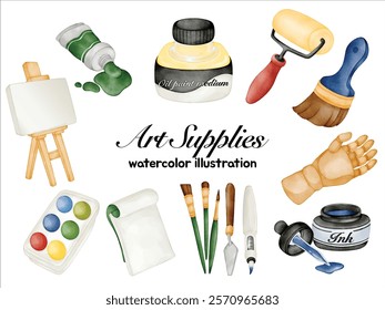 Watercolor Art Supplies Clip Art Set - Hand-painted Collection of Painting Tools Including Easel, Paint Tubes, Ink Bottles, Brushes, Palette, Color Tray, Sketchbook, Paint Roller