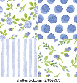 Watercolor artistic  blue flowers,strips ,polka dot seamless pattern set.Hand drawing background,wallpaper,fabric,backdrop.Vintage vector,painting texture.Summer,spring,wedding,holiday