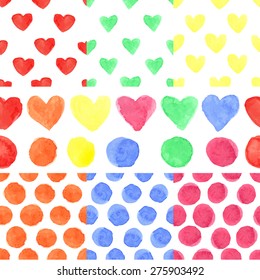 Watercolor artistic colored hearts and polka dot seamless pattern ,borders set.Hand drawing Baby background,wallpaper.Hand painted  fabric texture,backdrop