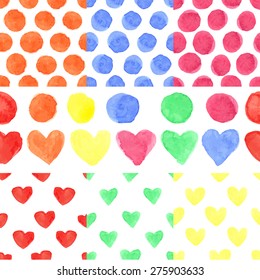 Watercolor artistic colored hearts and polka dot seamless pattern ,borders set.Hand drawing Baby background,wallpaper.Hand painted  fabric texture,backdrop